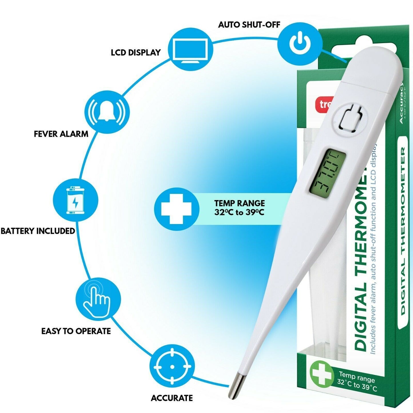 2pk Digital Thermometer Medical LCD Audible Alarm Baby Adult Oral Ear Body Fever