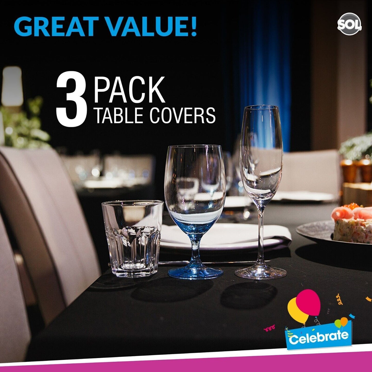 Black Plastic Table Covers Wipe Clean Disposable Party | 3 Pack