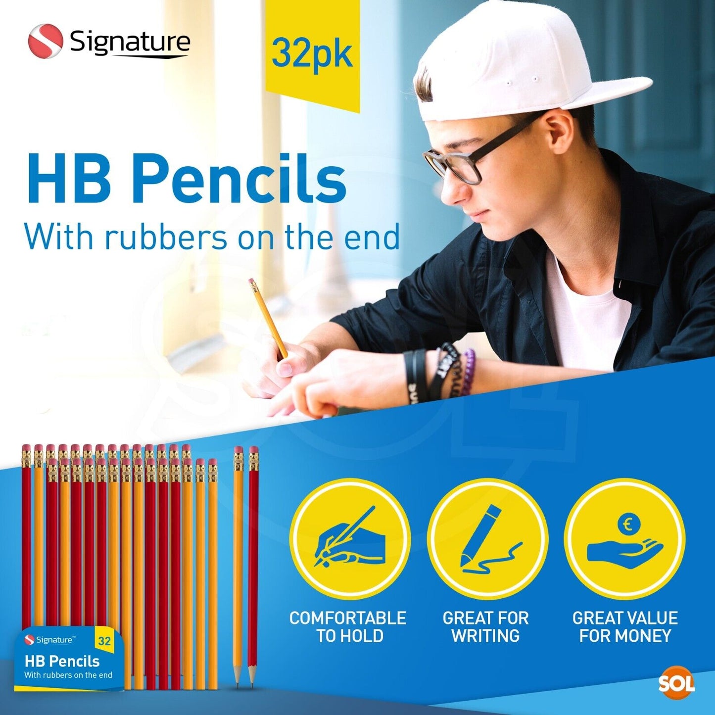 16-96 Strong HB Pencils with Eraser Rubber Tips Office School Drawing Art Craft