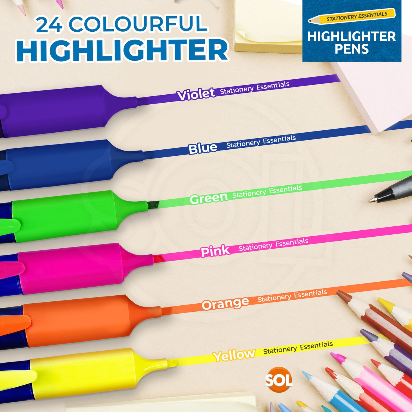 Highlighter Pens Fluorescent Colour Marker School Set | 6 Pack