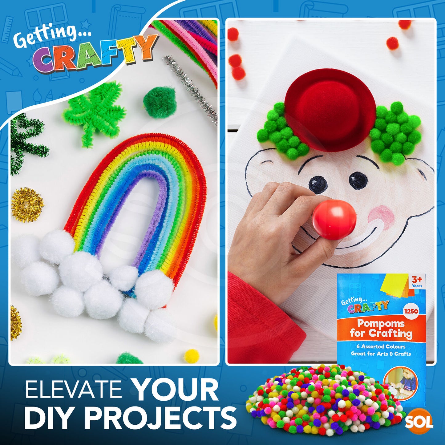 Mini Pom Poms 8mm | Multicoloured Craft Pompoms | 1250 Pack