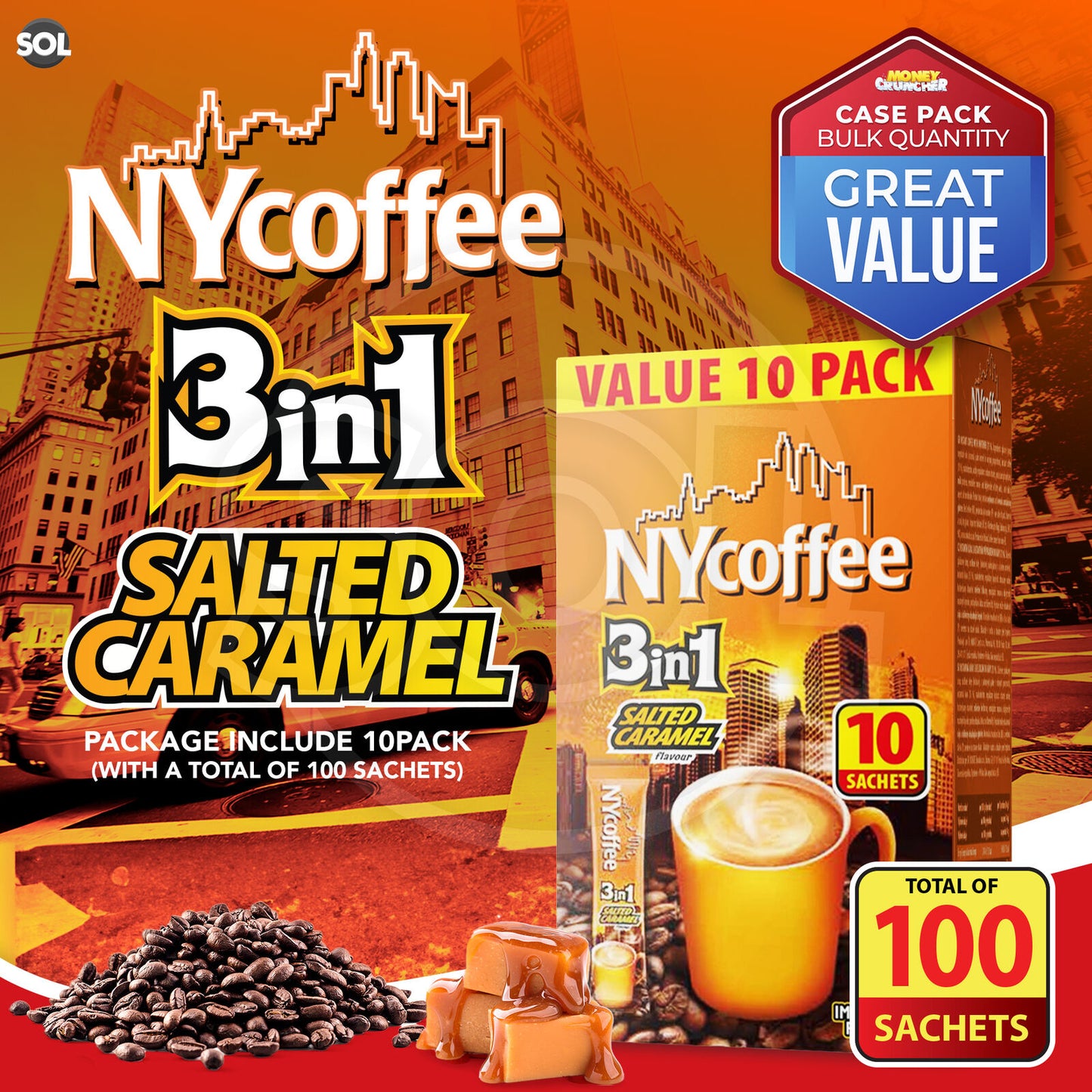 NY Coffee Instant Coffee Sachets 3 in 1 Salted Caramel | Bulk Pack 100
