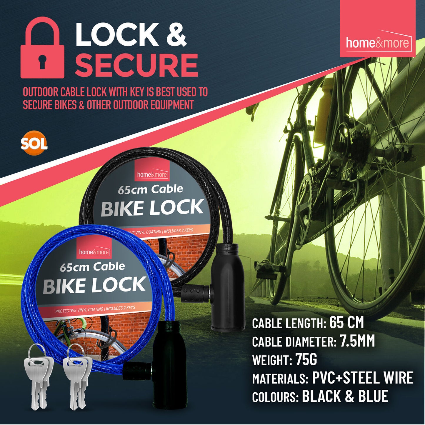Bike Lock Cable with Keys 650mm | Steel Bicycle Security | 2 Pack