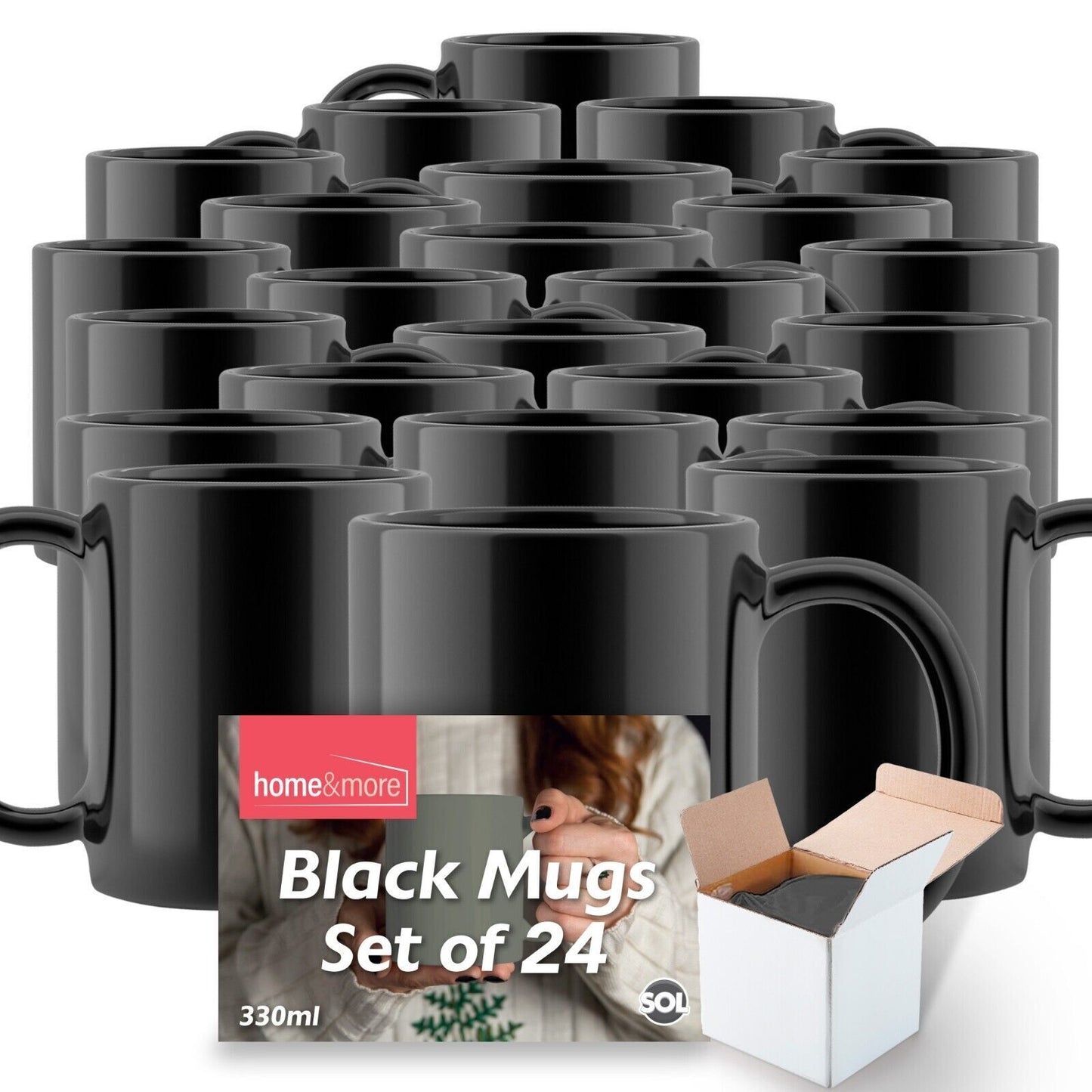 Plain Black Mugs 330ml | Large Coffee & Tea Cups | Bulk Set 12 Pack