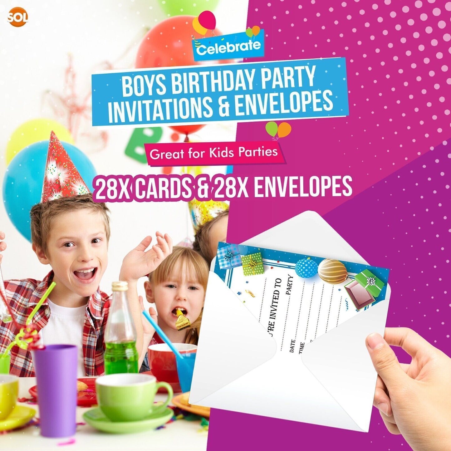 28-56 Birthday Party Invitations Girls Boys Kids Children Invites with Envelopes