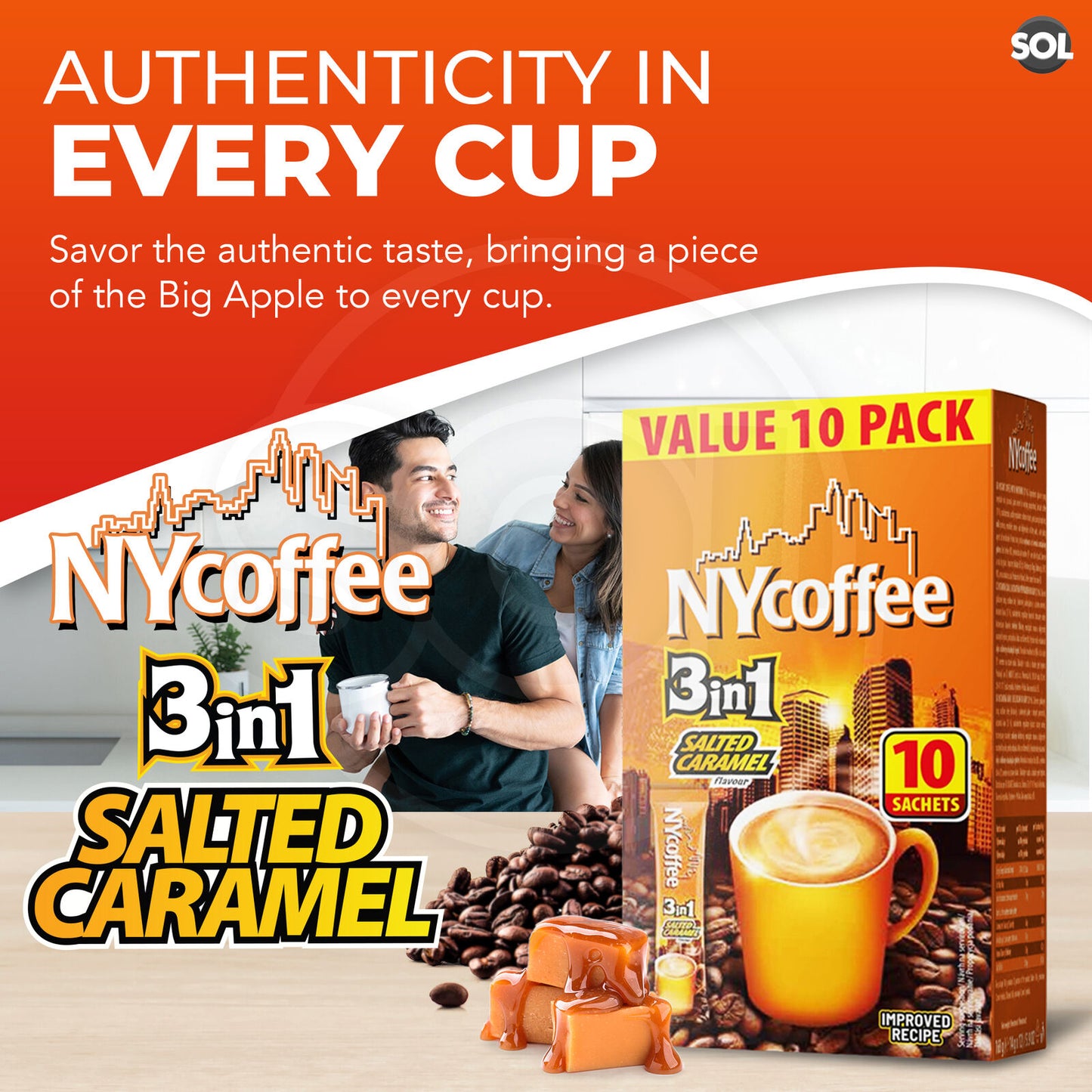 NY Coffee Instant Coffee Sachets 3 in 1 Salted Caramel | Bulk Pack 100