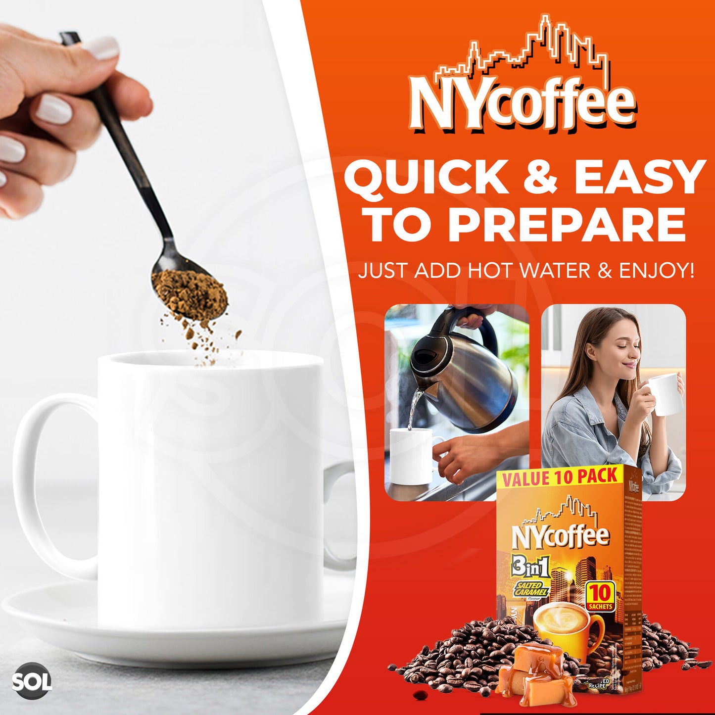 NY Coffee Instant Coffee Sachets 3 in 1 Salted Caramel | Bulk Pack 100