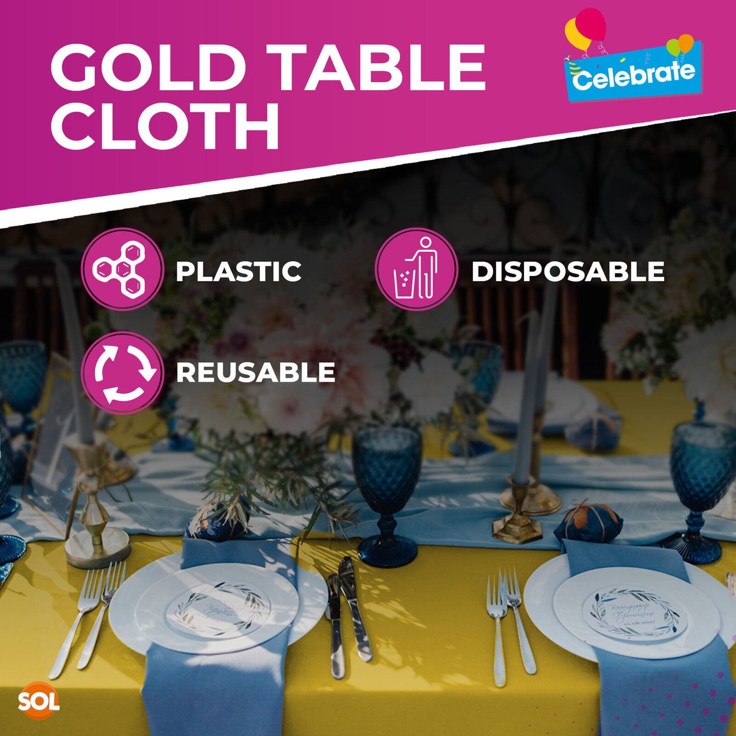Gold Plastic Table Covers Square Wipe Clean Party Cloth | 3 Pack