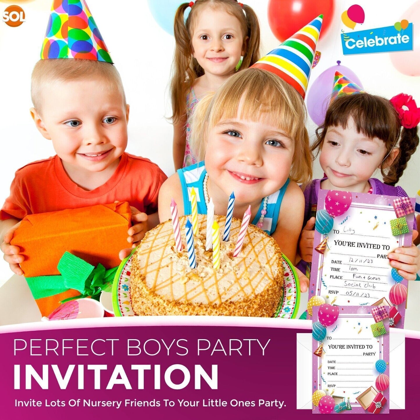 28-56 Birthday Party Invitations Girls Boys Kids Children Invites with Envelopes