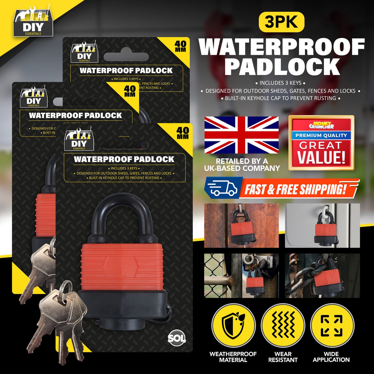 Heavy Duty Weatherproof Padlock 40mm Outdoor Security Iron Lock Shed Safety 3Key