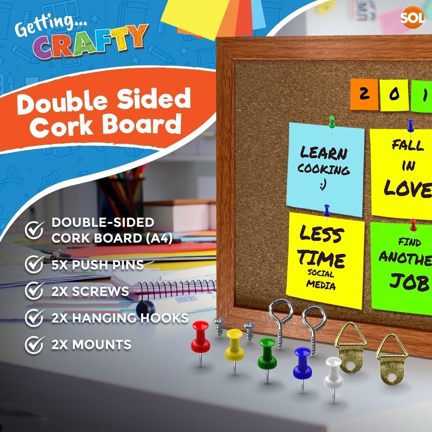 Cork Board A4 Notice Memo Board with Pins – Wooden Frame