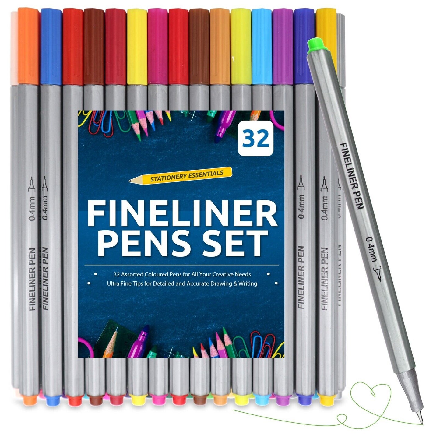 32 Coloured Fine Liner Pens Set | 0.4mm Art Colouring Pack