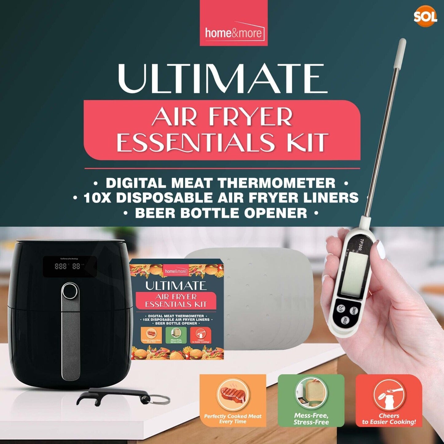 Air Fryer Essential Kit | Meat Thermometer, Liners & Bottle Opener