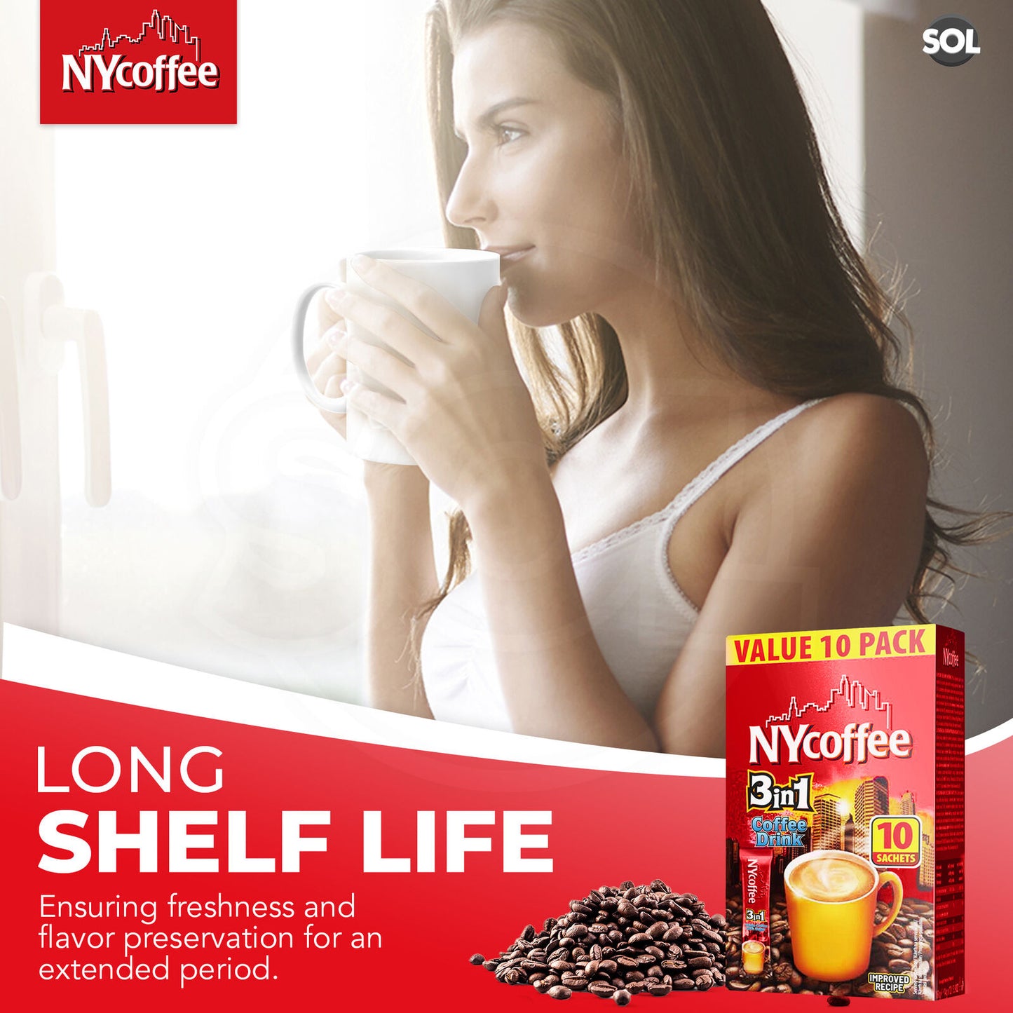 NY Coffee 3 in 1 Instant White with Sugar 100 Sachets Sticks (10x10pk)