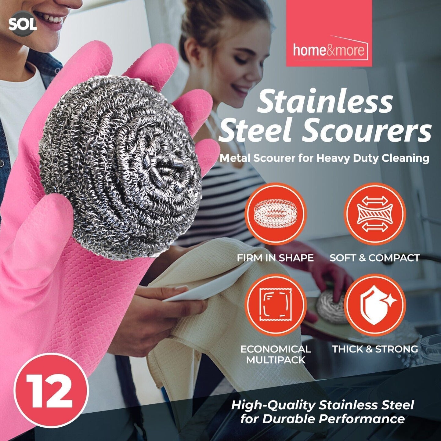 Stainless Steel Scourers Heavy Duty Pan Pads | 12 Pack