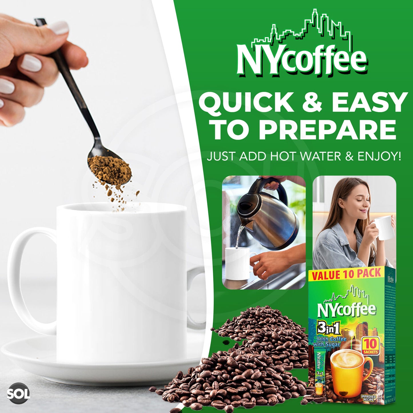NY Coffee 3 in 1 Irish 100 Sachets Sticks 10x10pk Instant White With Sugar