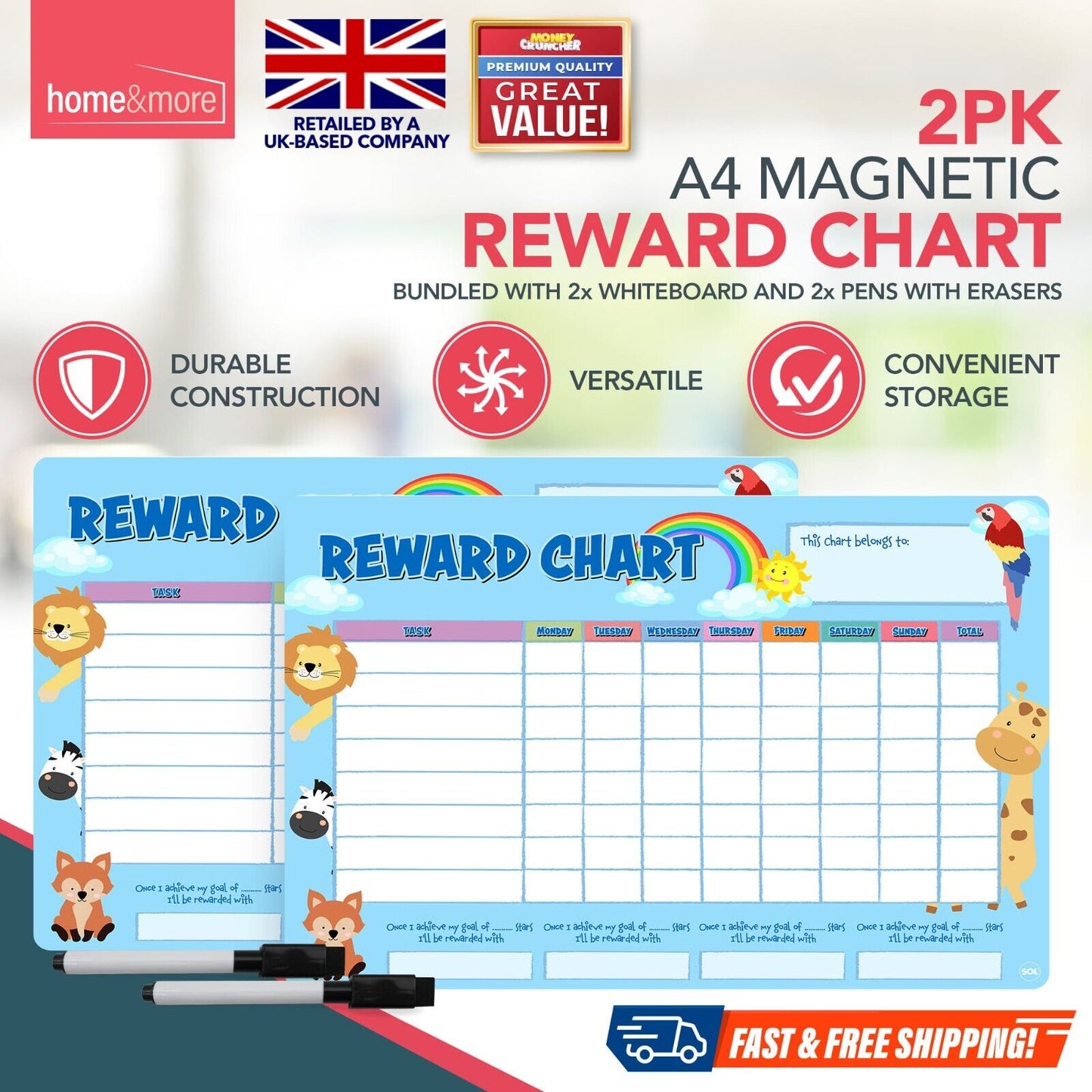 2pk Magnetic Reward Chart Reusable Behaviour Chore For Kids Children + Wipe Pens