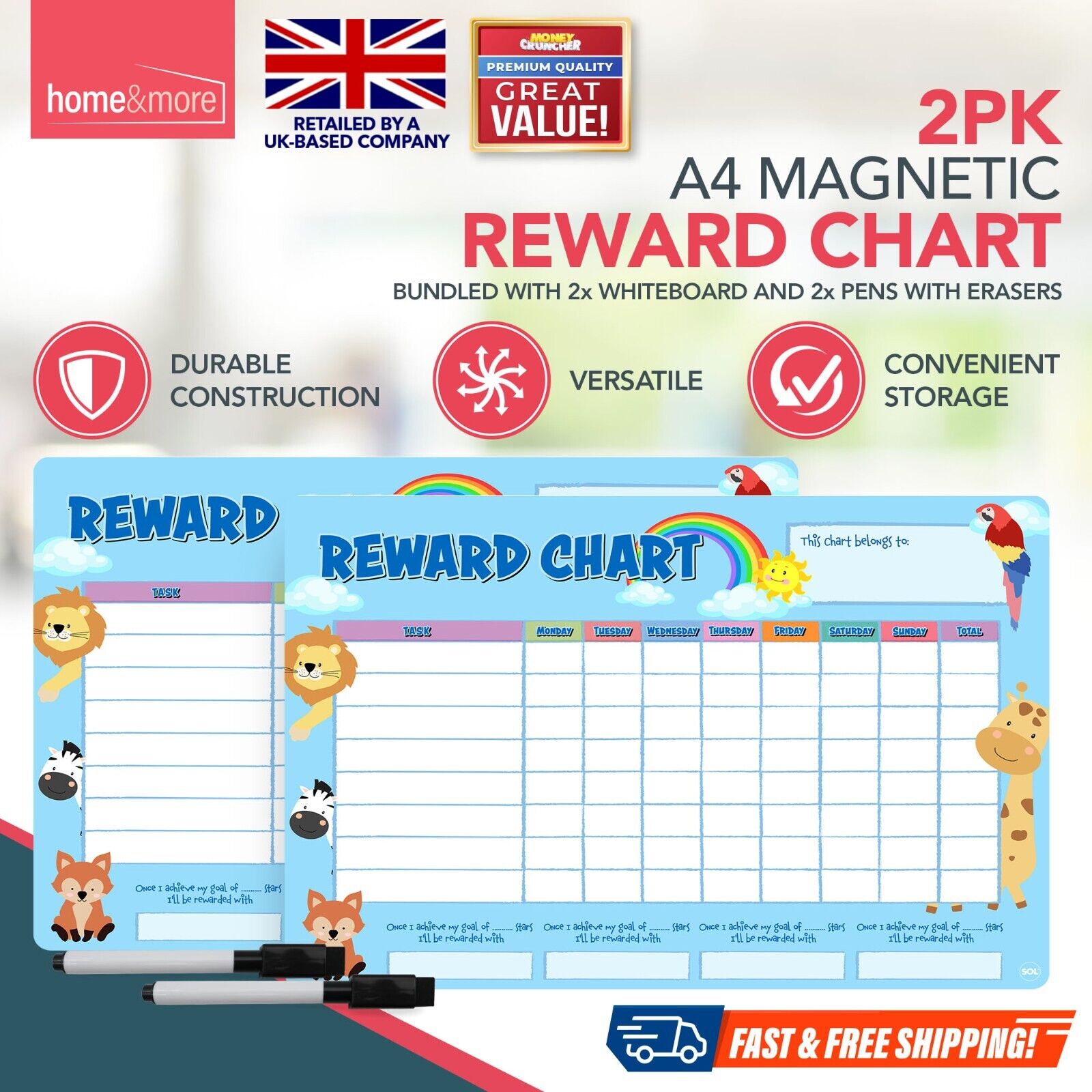 2pk Magnetic Reward Chart Reusable Behaviour Chore For Kids Children + Wipe Pens