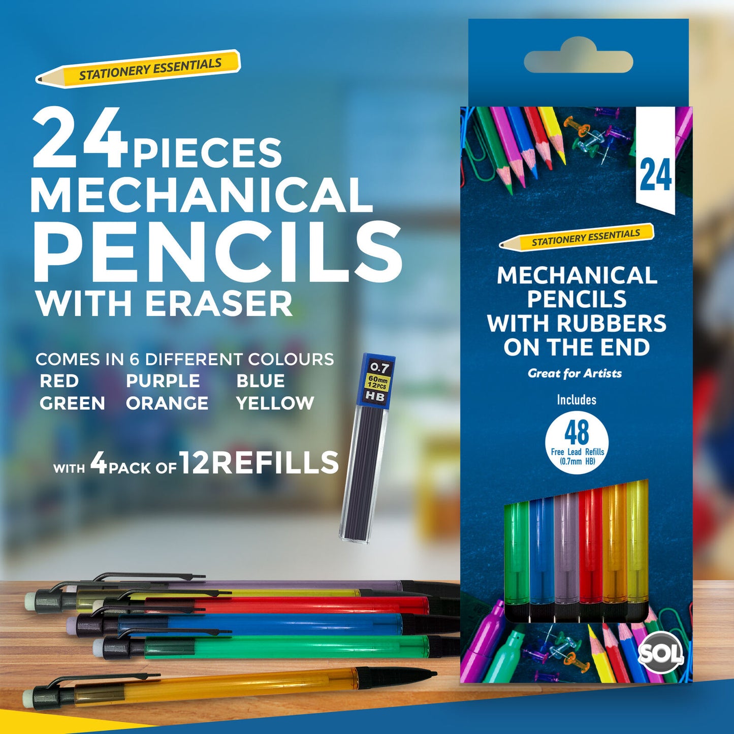 Mechanical Pencils Set 0.7mm with HB Lead Refills and Erasers | 6 Pack