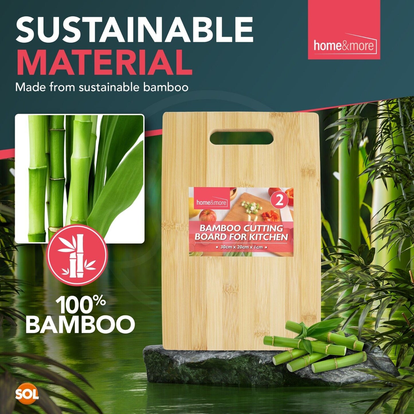 2 Chopping Board Wood Bamboo Wooden Cutting With Handle 30x20 cm Kitchen Serving