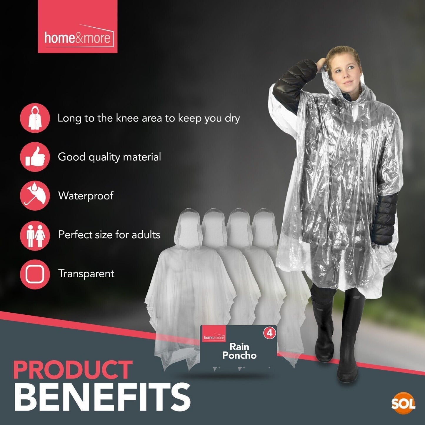 Waterproof Rain Poncho | Adult Disposable Emergency Camping Hiking | 2 Pack