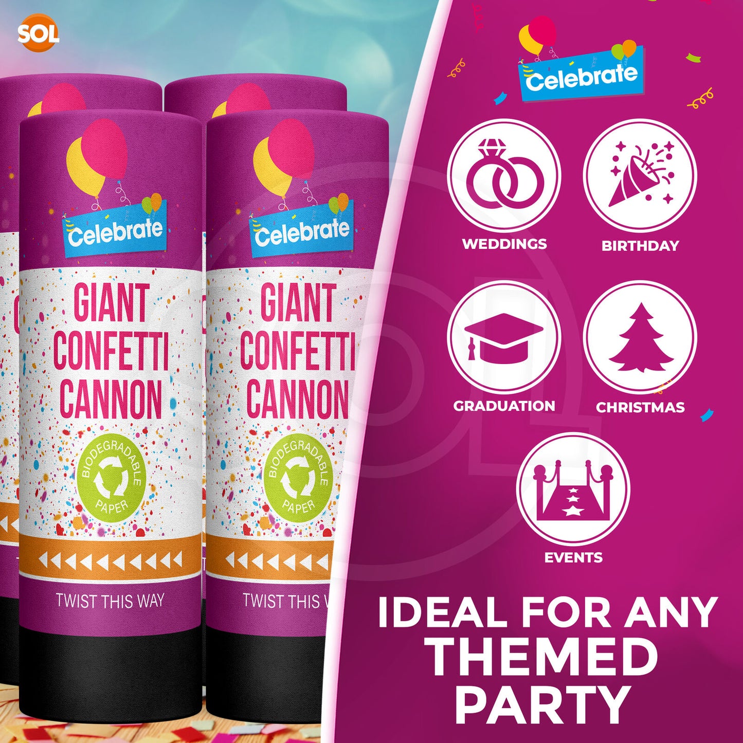 Confetti Cannons Multicolour Biodegradable | Party & Events | 8 Pack