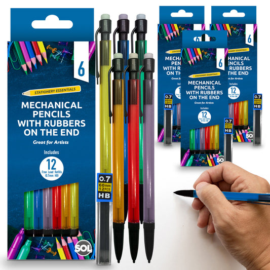 Mechanical Pencils Set 0.7mm with HB Lead Refills and Erasers | 6 Pack