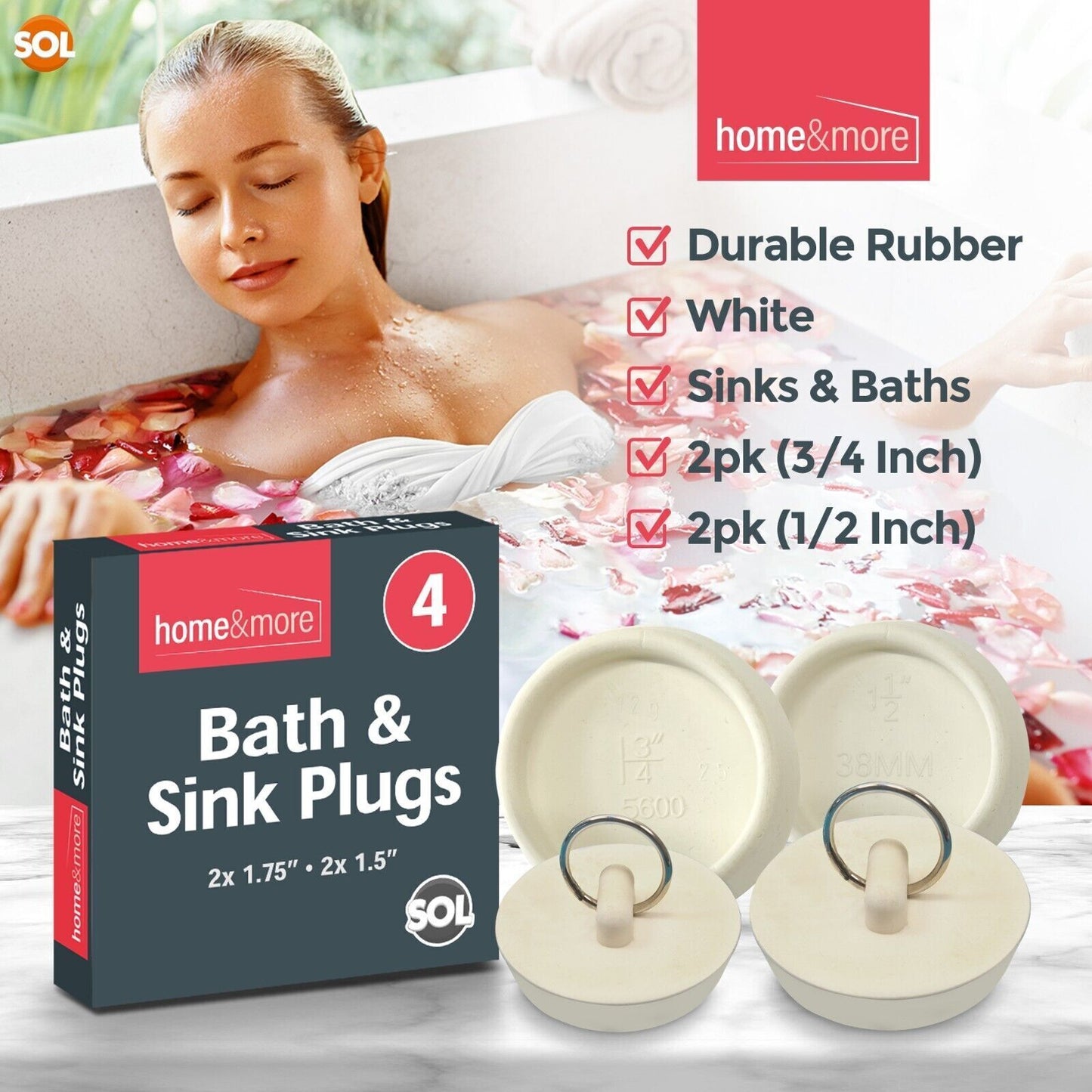 Rubber Bath Plugs | Universal Sink & Basin Drain Stopper | 4 Pack