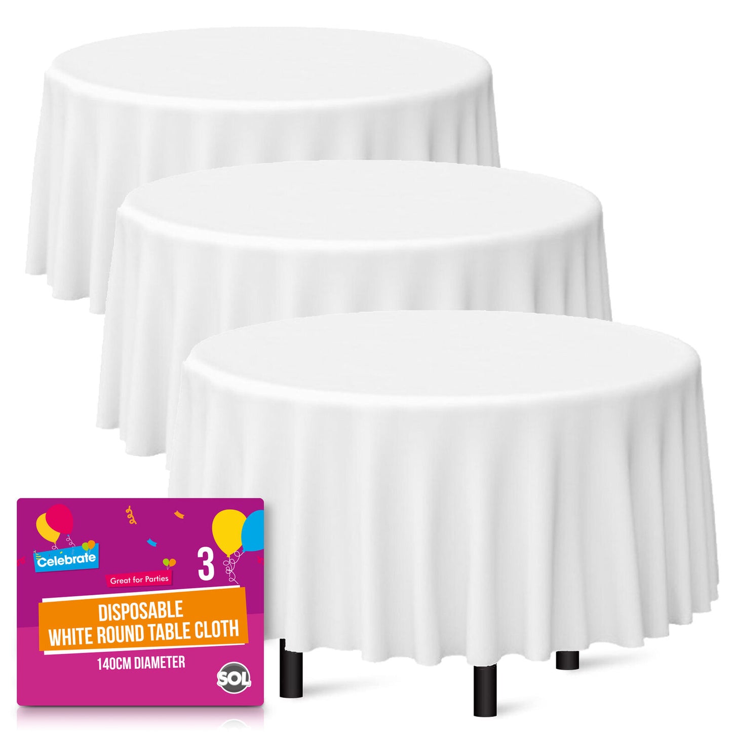 White Plastic Round Table Covers 140cm | Disposable Wipe Clean Party Cloth | 3 Pack