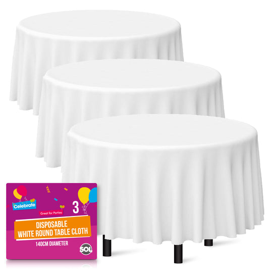 White Plastic Round Table Covers 140cm | Disposable Wipe Clean Party Cloth | 3 Pack