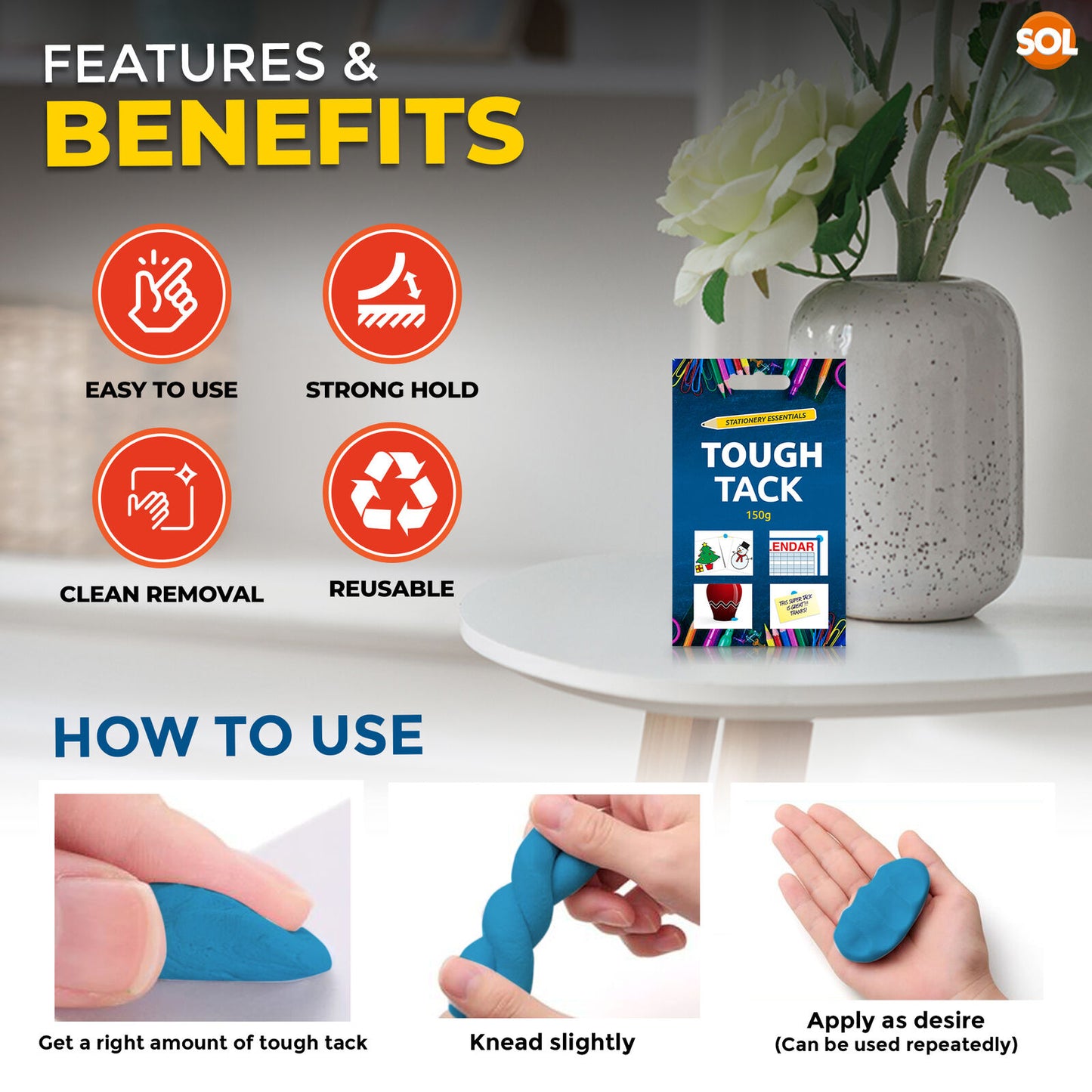 1-24 Tough Tack Blue Tac Reusable Sticky Adhesive Putty | 150g