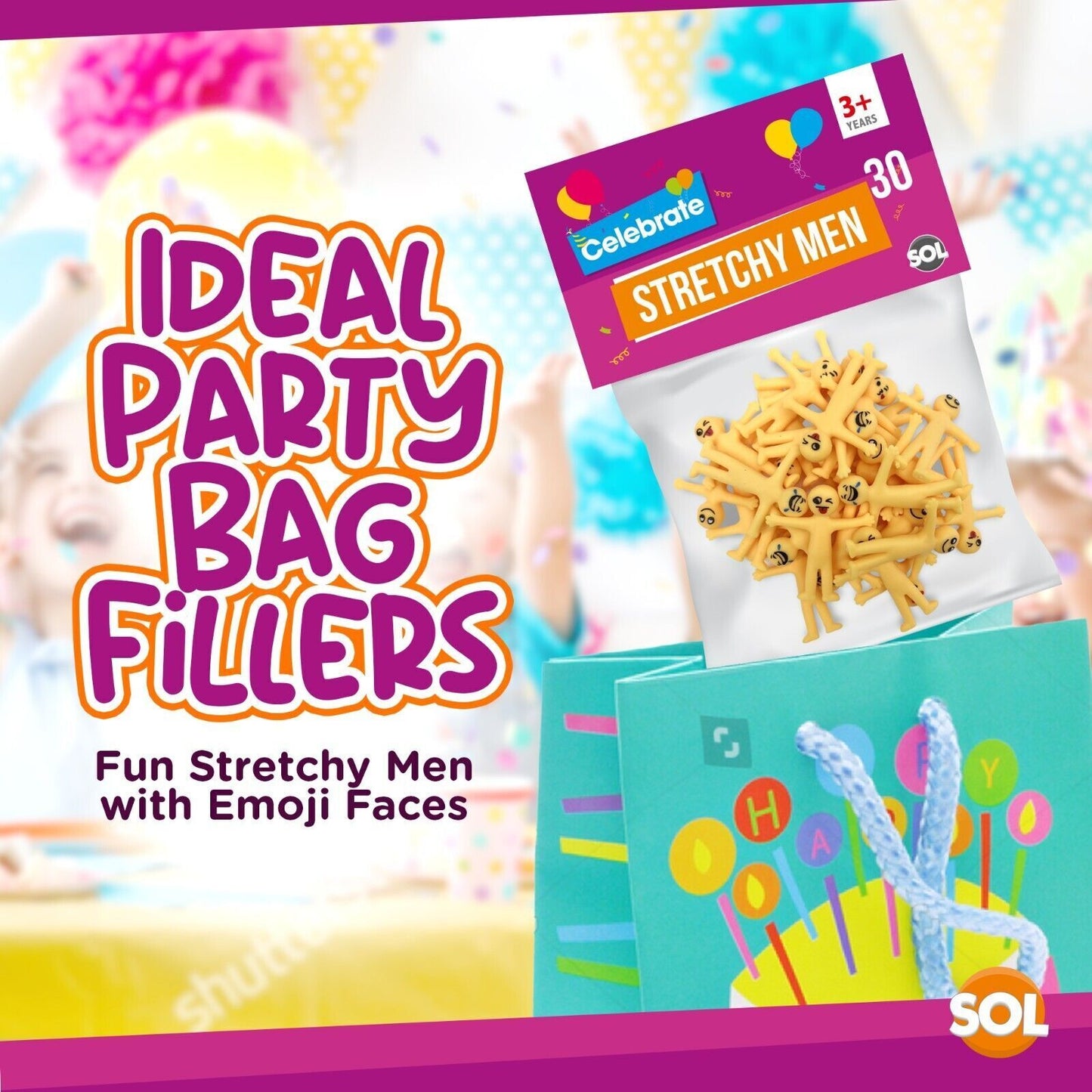 Yellow Stretchy Men | Party Bag Fillers Kids Fun Toys | 30 Pack