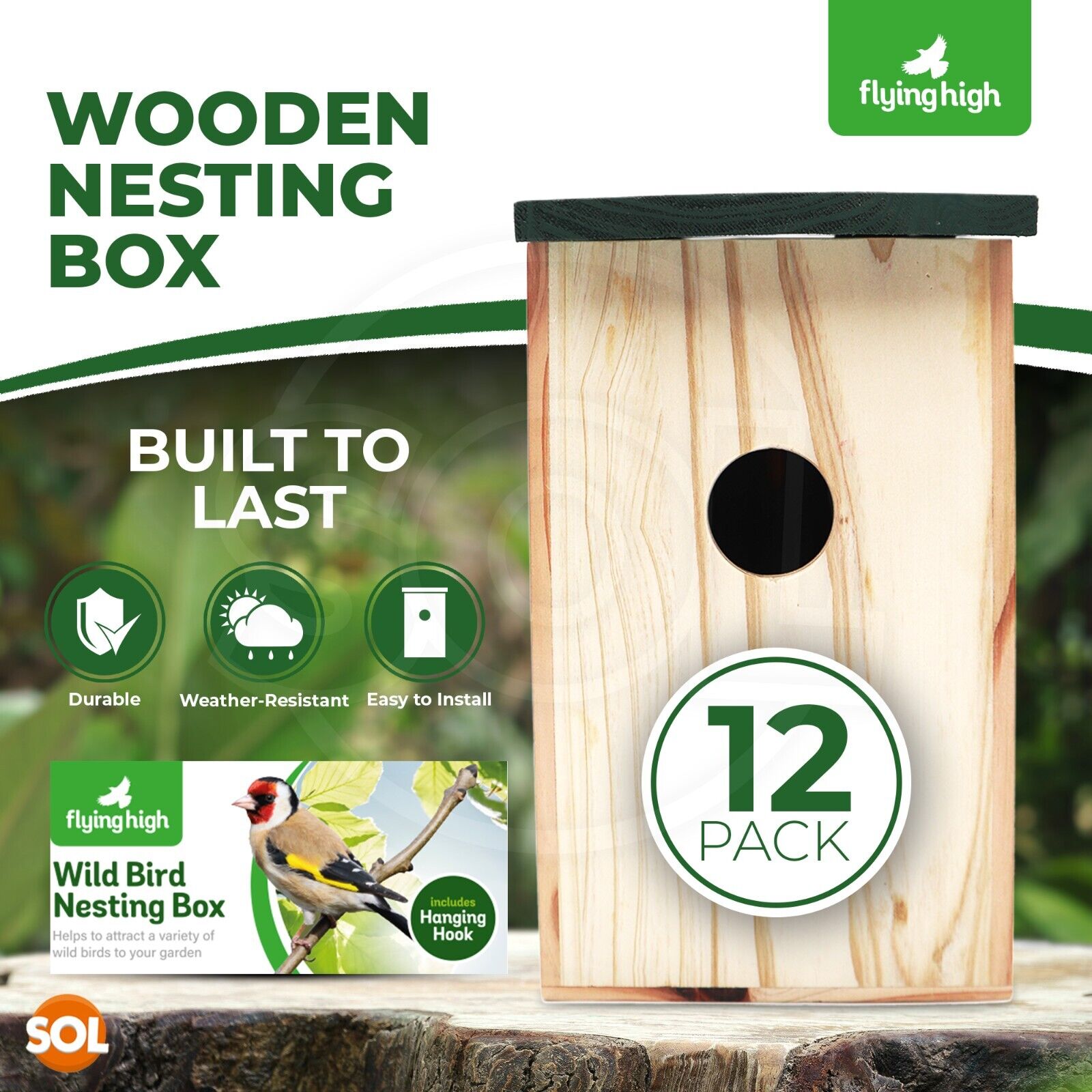 4-12pk Wooden Bird Nesting Boxes | Nest House for Small Wild Finch Robin Sparrow