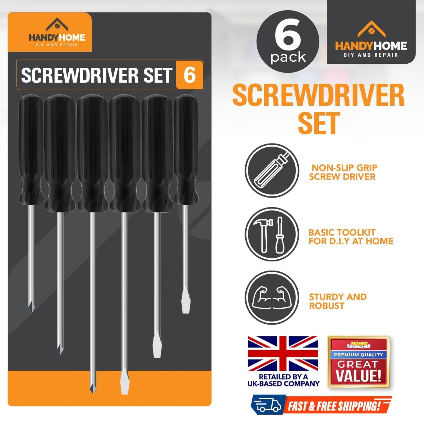 6pk Screwdriver Set Phillips Crosshead Slotted Flathead Non-Slip Precision Tool