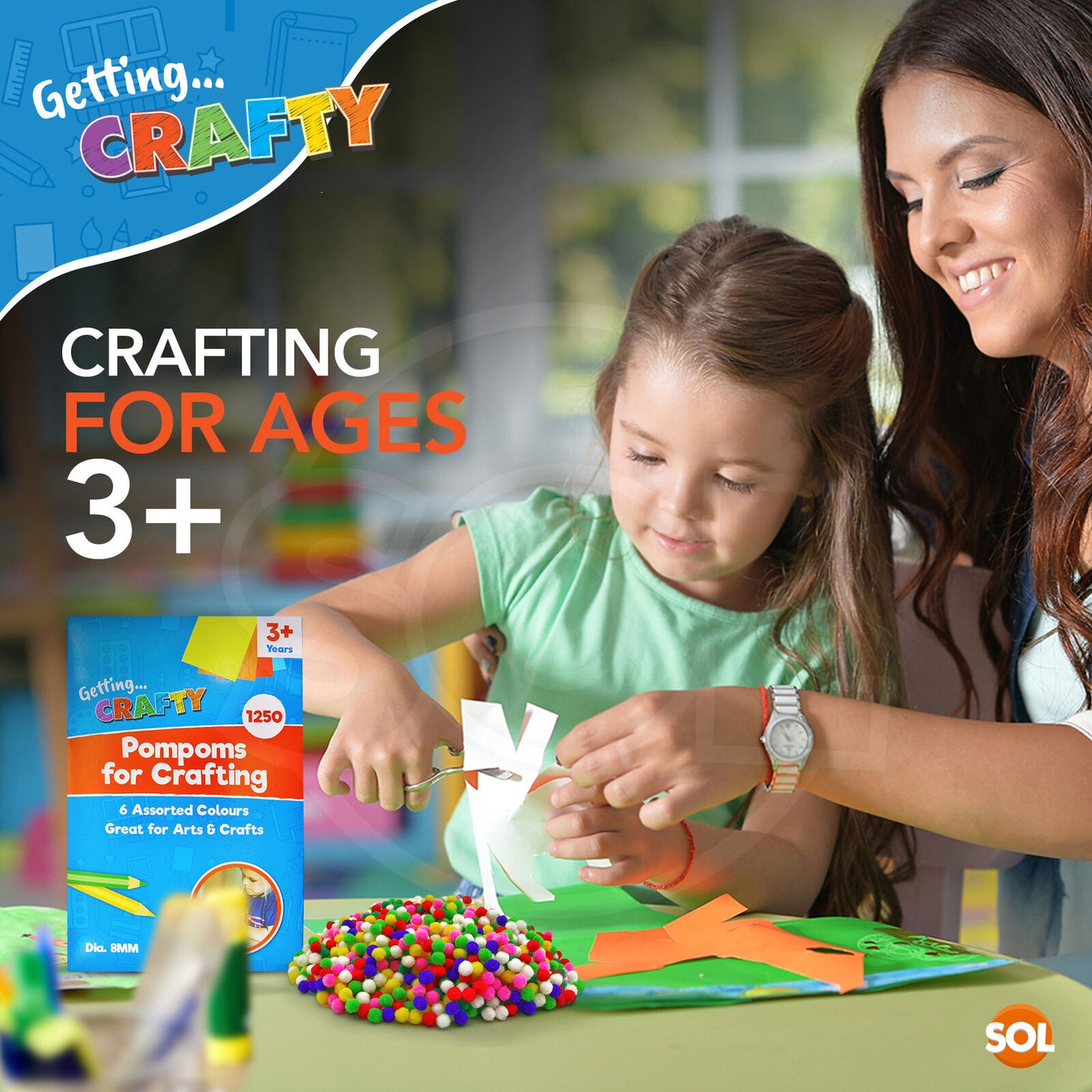 Mini Pom Poms 8mm | Multicoloured Craft Pompoms | 1250 Pack