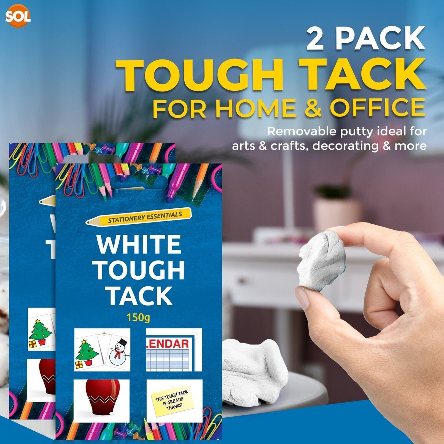 2 White Tack Tac 150g Super Tough Reusable Handy Size Sticky Adhesive Putty Glue