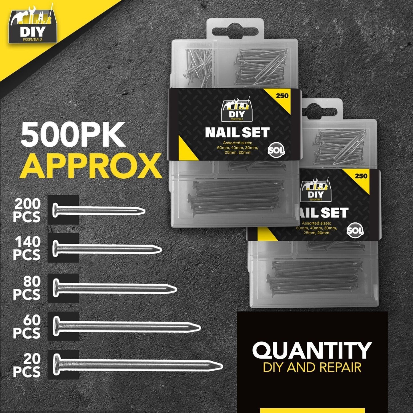 Flat Head Nails | Assorted Metal Carpentry Woodworking Pins | 500 Pack