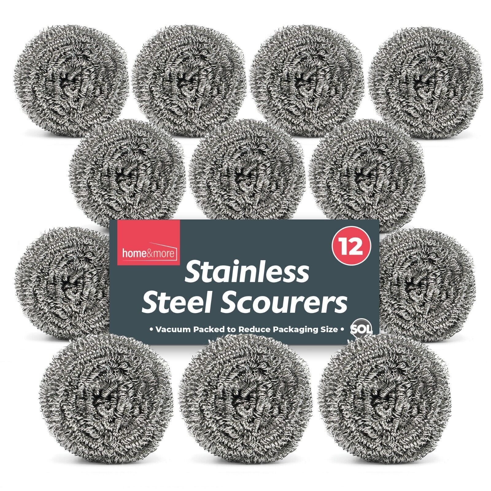 A pack of 12 stainless steel wire wool scourers, vacuum packed.