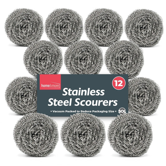 A pack of 12 stainless steel wire wool scourers, vacuum packed.