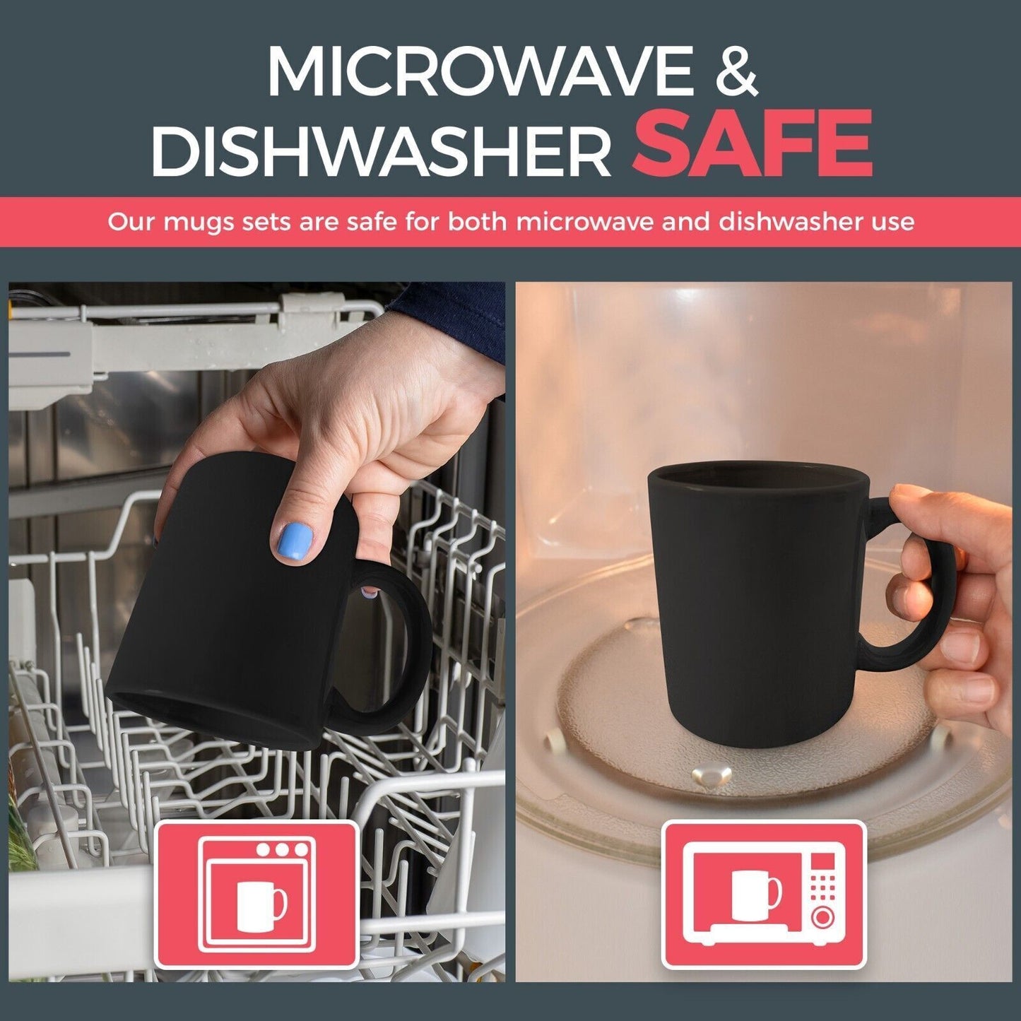 Plain Black Mugs 330ml | Large Coffee & Tea Cups | Bulk Set 12 Pack