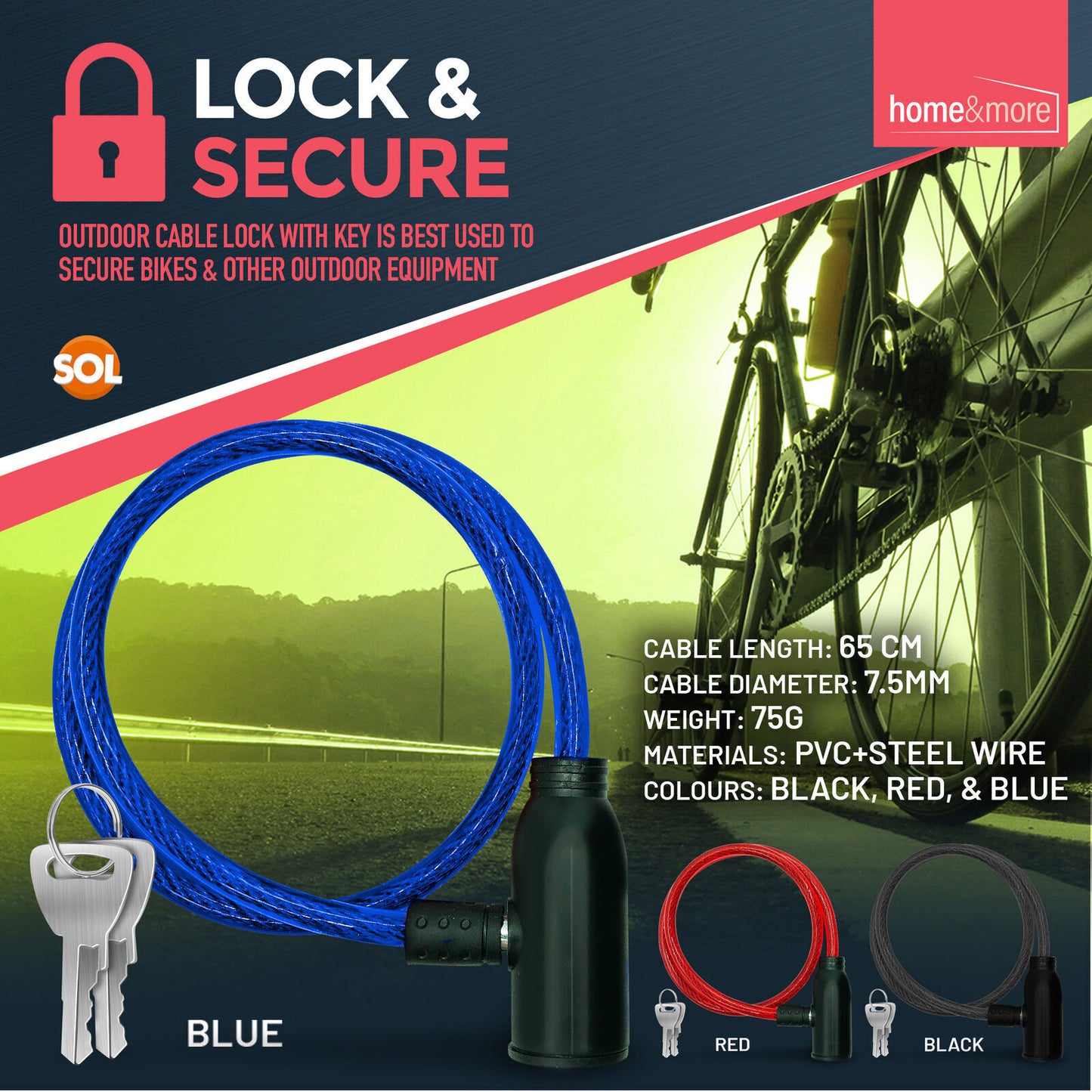 Bike Lock Cable with Keys 650mm | Steel Bicycle Security | 2 Pack