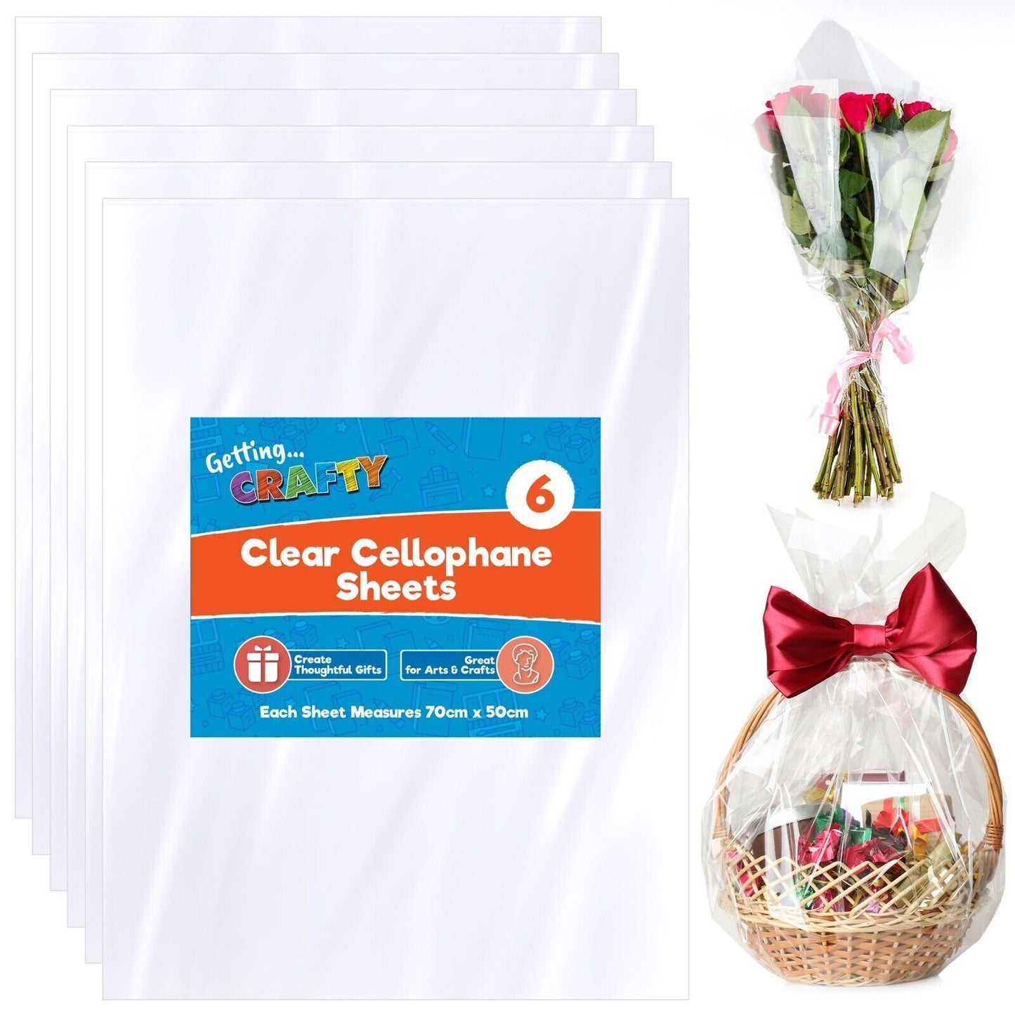 Clear Cellophane Sheets 70cm x 50cm | Gift Wrap See Through | 6 Pack