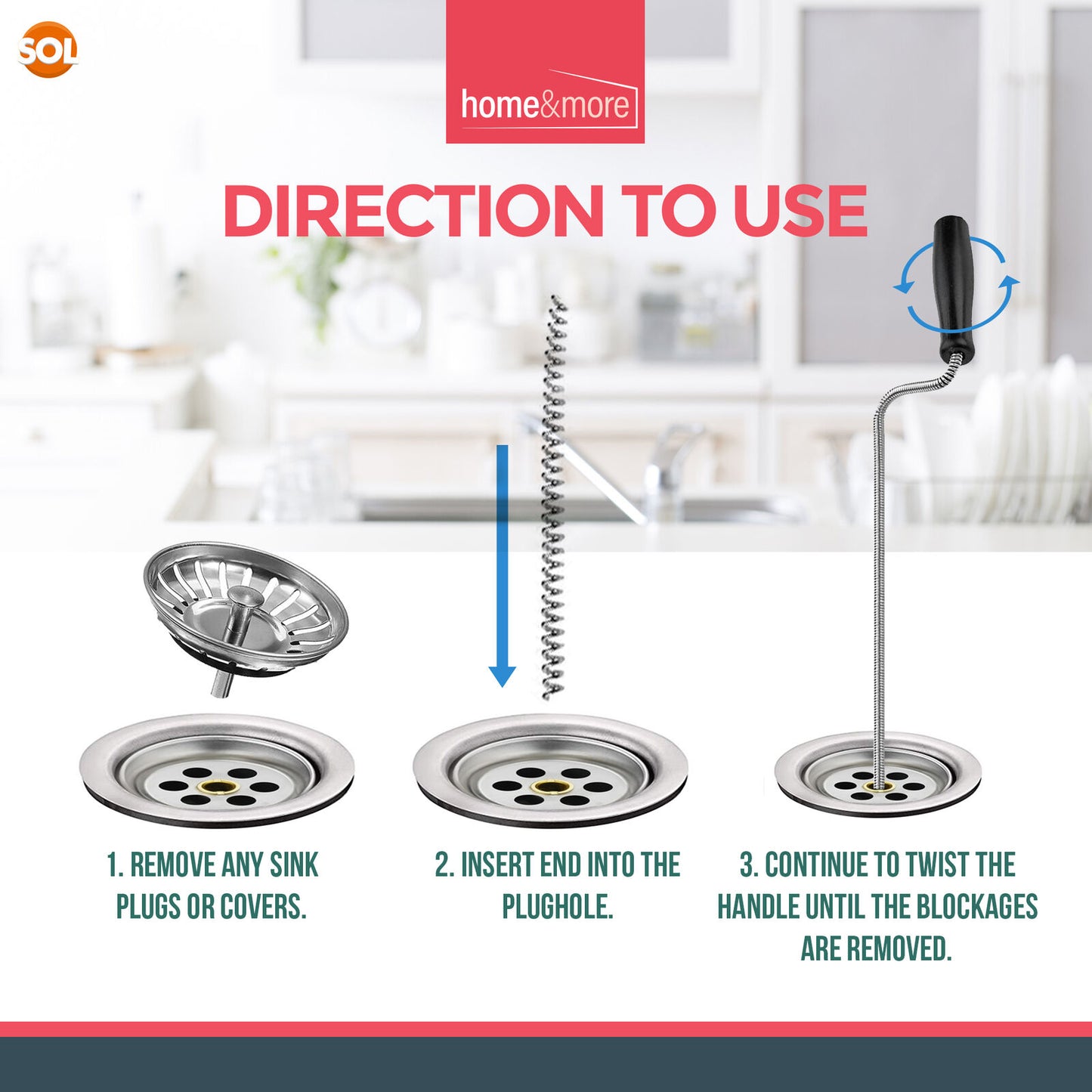 Flexible Drain Unblocking Rods 1M | Sink Cleaner Tool | 2 Pack