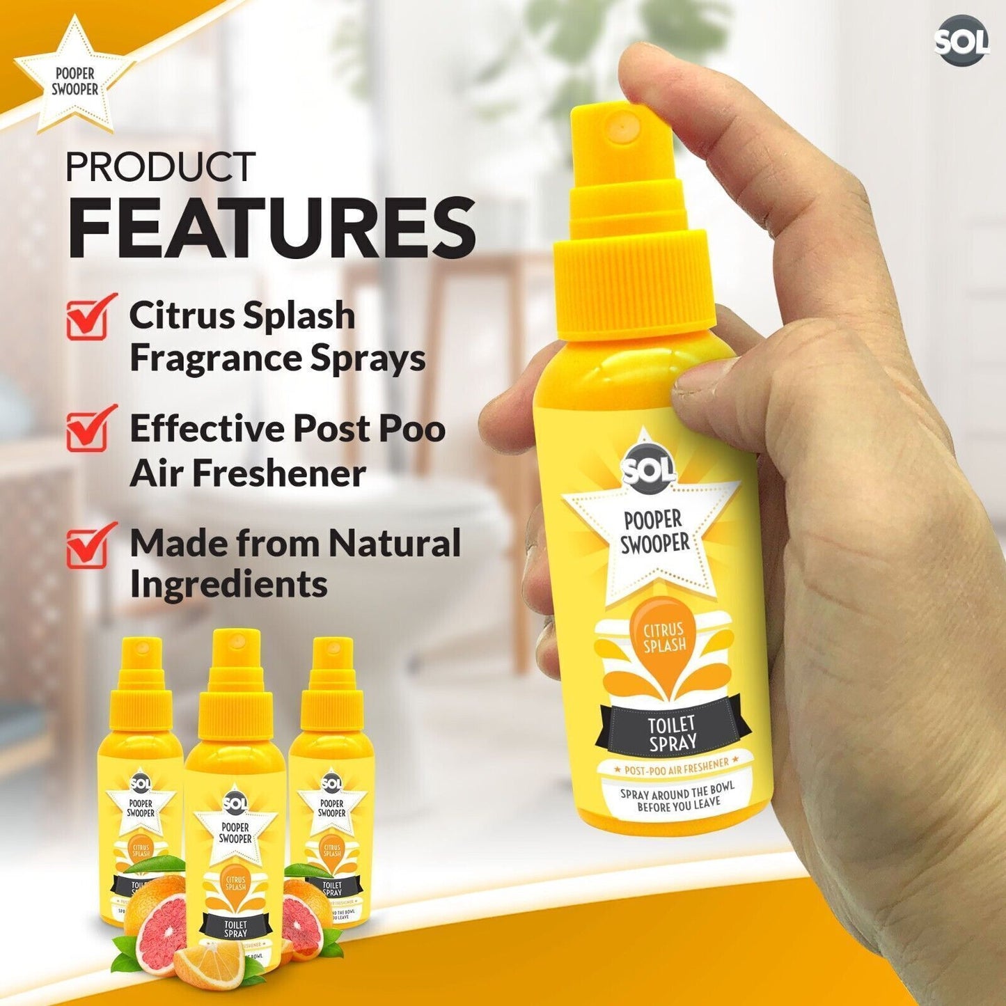 Pooper Star Toilet Spray | Citrus Fragrance Air Freshener | 6 Pack