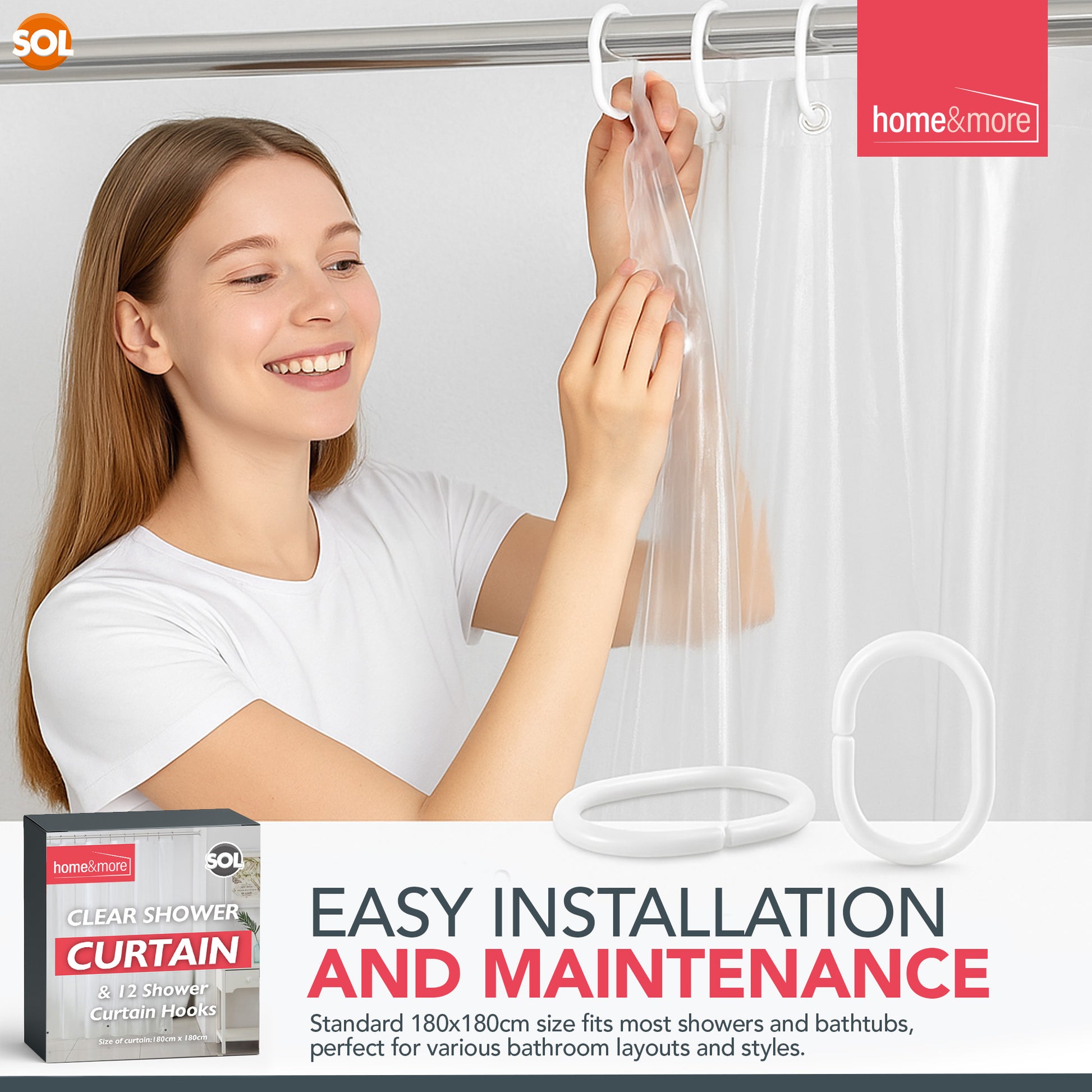 Shower Curtains Clear with Ring Hooks 180 x 180 cm Bathroom Waterproof Polyester