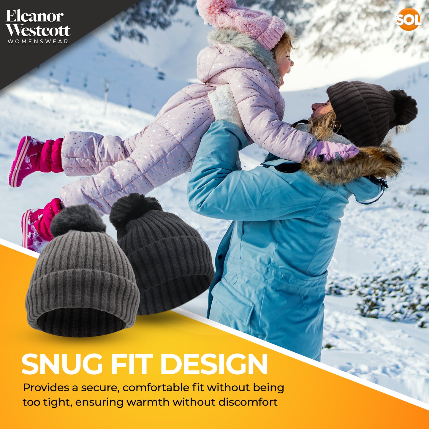 Women's Thermal Bobble Hat | Knitted Beanie with Faux Fur Pom Pom | Winter Warm Outdoor Wear | 2 Pack