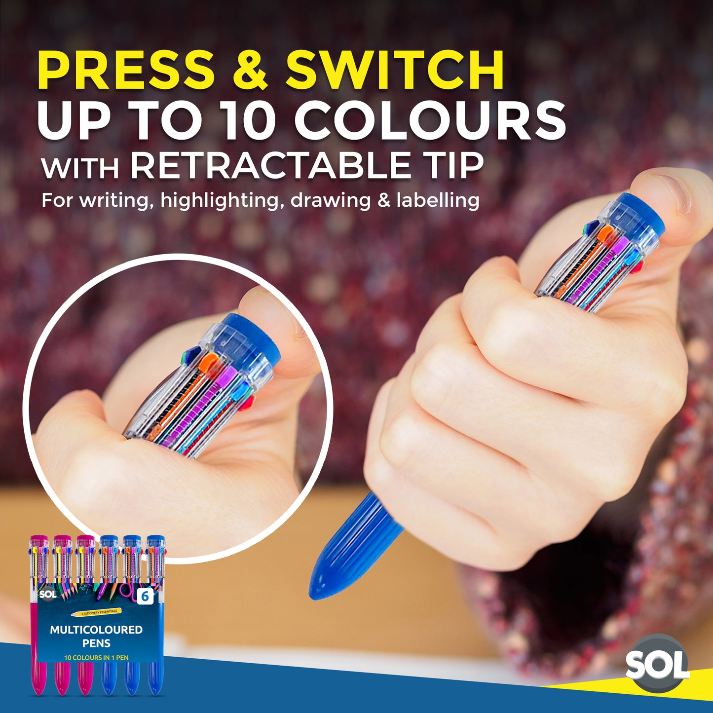 Jumbo 10-in-1 Multi Colour Pens | Retractable Ballpoint | 6 Pack