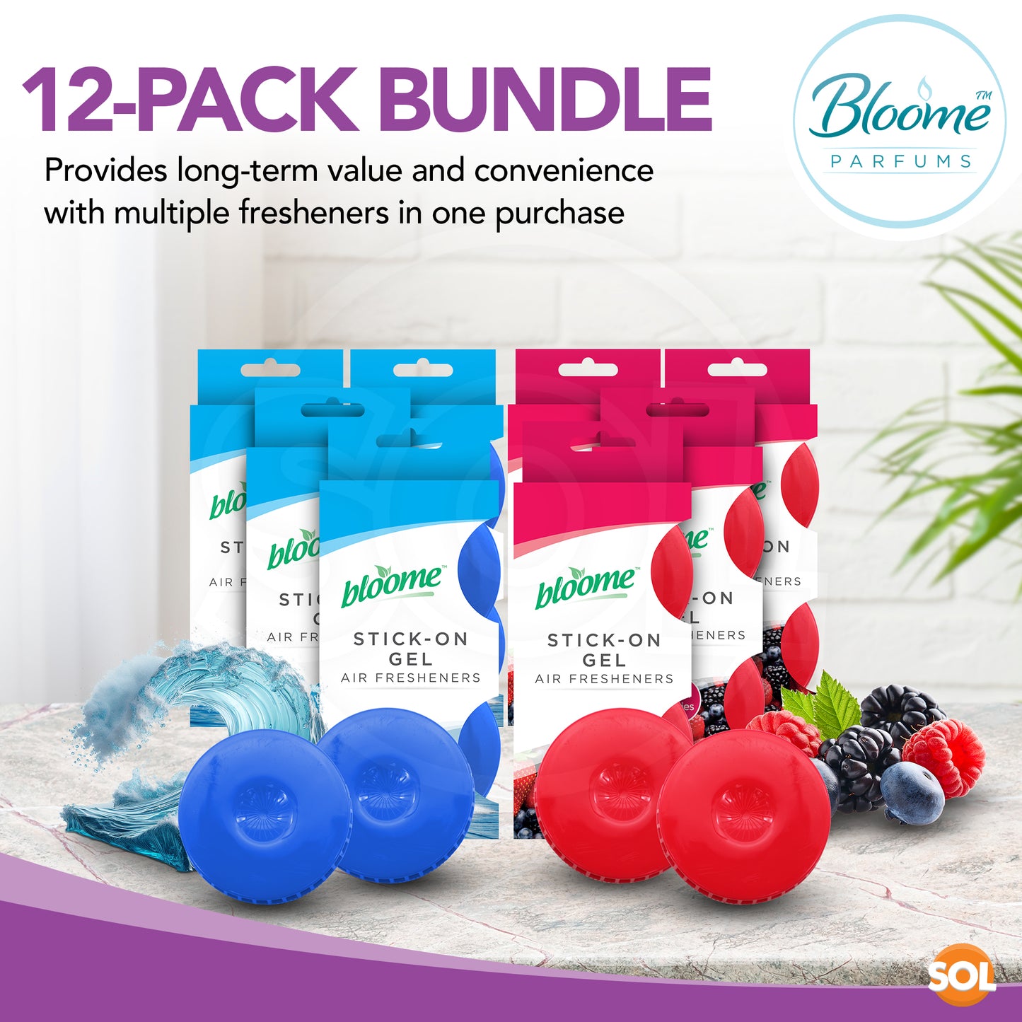 SOL 12pk Stick-On Air Fresheners - Odour Eliminator for Bins, Kitchens & Rooms, Wheelie Bin Freshener Deodoriser, Long-Lasting Bin Odour Remover for Indoor & Outdoor Use