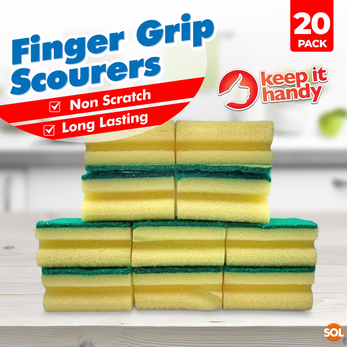 Heavy Duty Sponge Scourers | Finger Grip Kitchen Bathroom | 20 Pack