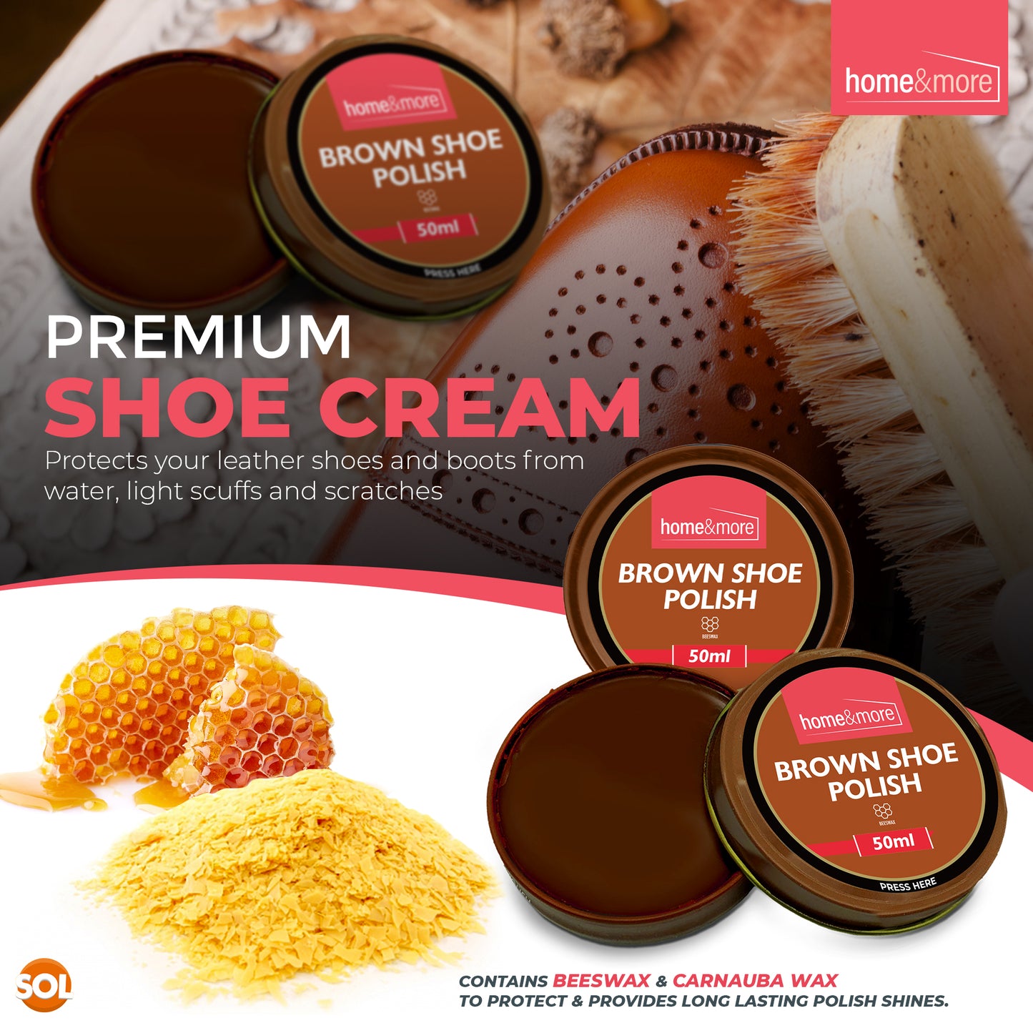 Wax Shoe Polish Brown 50ml Leather Boot Cleaner | 3 Pack